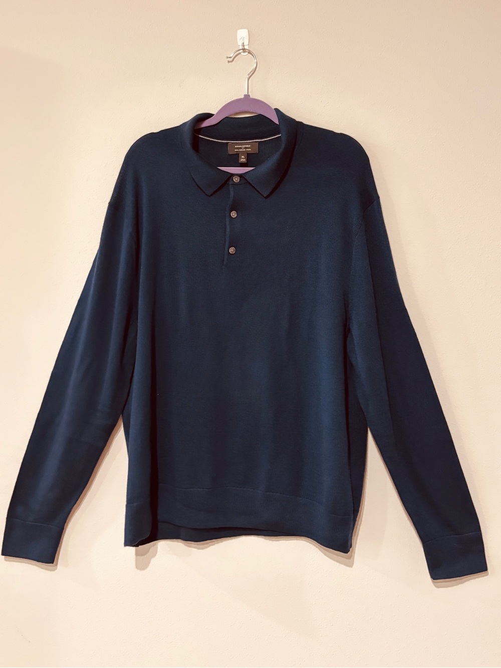 Banana Republic Men's Merino Wool Knit Collared Button Neck Sweater Blue XL Fall